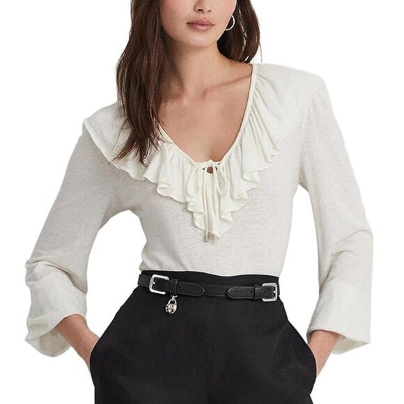 New RALPH LAUREN Ruffle-Trim Jersey Tie-Neck Top- Sm - Picture 1 of 7